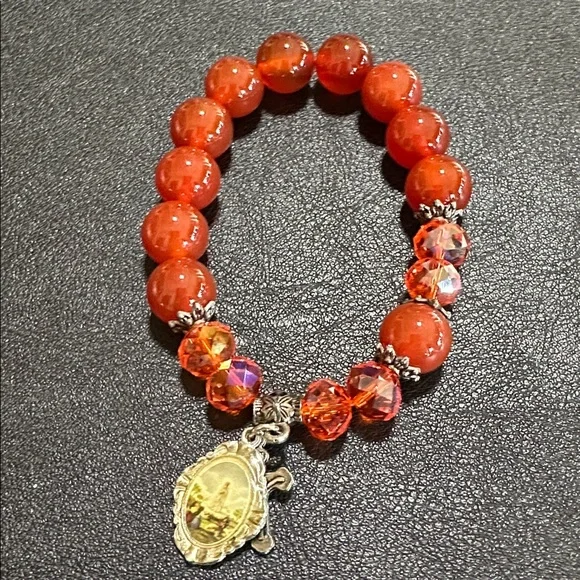Cornelian & Orange Faceted Crystal Miraculous Charm & Cross Stretch Bracelet - Picture 3 of 12